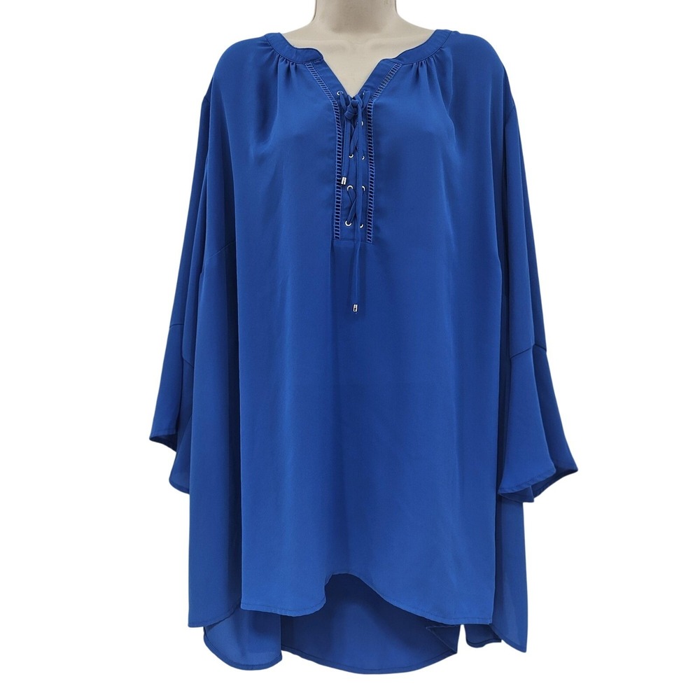 Catherines Tunic Blouse Womens 4X 30/32W Lace‎ Up Neckline Flowy Bell Sleeve Top